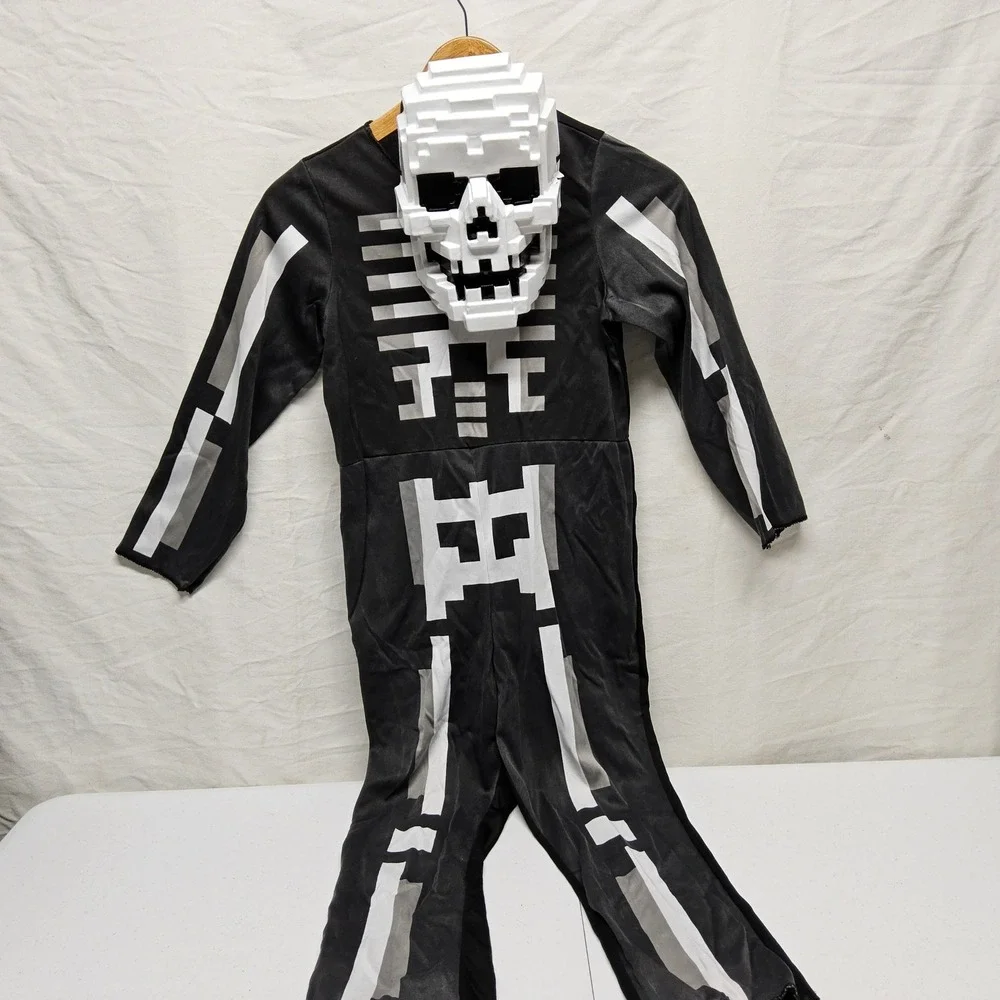 Minecraft Skeleton Costume Kids Medium Black Pixelated Jumpsuit Mask